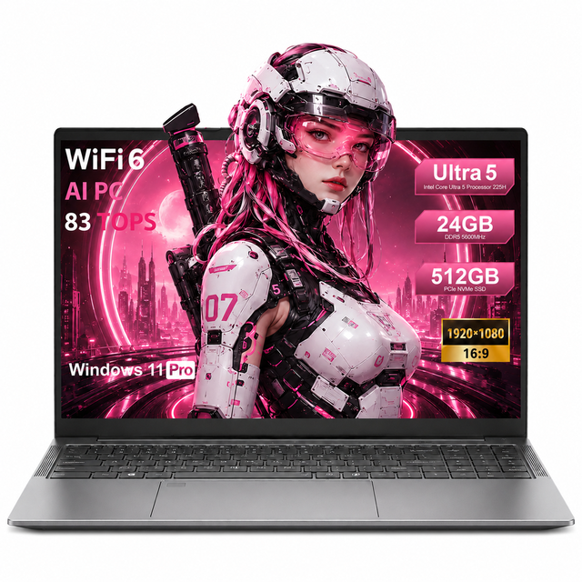 Hot Sale 15.6 Inch Intel Core Ultra 5 225H AI Business Laptop 24GB LPDDR5 512GB PCIe NVMe SSD Windows 11 Pro WiFi 6 Notebook