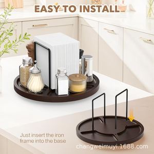 Solid Wood <b>Spice</b> <b>Rack</b> Round <b>Rotatable</b> With Paper Towel Holder Kitchen Seasoning Storage Organizer - Product Image 4