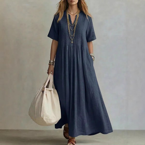 Nuevo Vestido Largo Informal para Mujer 2026, Cuello en V, <span class=keywords><strong>Manga</strong></span> Corta, Plisado, de Algodón y Lino - Product Image 2