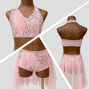 Pink Rhinestone Two Piece Lyrical Dance Costume Girls Crop Top Asymmetrical Tulle <b>Skirt</b> Set for Contemporary Lyrical Dance - Product Image 2