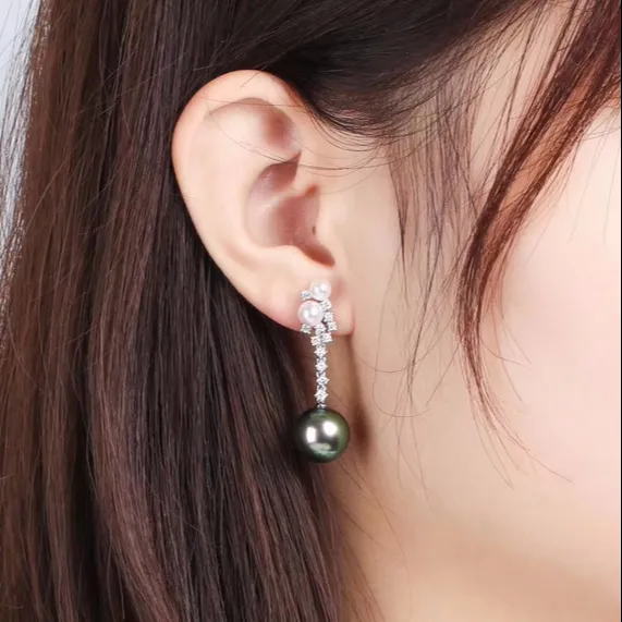 18k gold earrings with black pearls and diamonds Jingzhanyi Jewelry Factory Manufacturing Pearl earrings custom K gold pearl