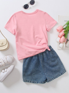 Conjunto <span class=keywords><strong>de</strong></span> Ropa <span class=keywords><strong>de</strong></span> 2 Piezas Tejida para Niñas, Linda Camiseta Informal <span class=keywords><strong>de</strong></span> Color Sólido con Lazo y Pantalones Cortos <span class=keywords><strong>de</strong></span> Mezclilla, para Primavera - Product Image 2
