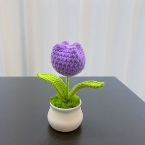 Bouquet de fleurs artificielles en fil crocheté fait main, tulipes en pot, arrangement floral transfrontalier, cadeau floral - Product Image 3