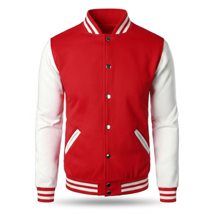 Chaqueta Varsity Roja y Blanca para Hombre, Estilo Preppy, Corte Regular, Cuello Camisero, Cierre de Botón, Exterior de Poliéster y Algodón - Product Image 1