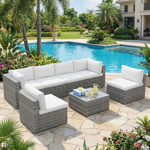 Ensemble de meubles de patio élégant pour l'extérieur, 7 pièces, ensemble de canapé de jardin en rotin avec table basse et coussins épais pour la décoration extérieure - Product Image 1