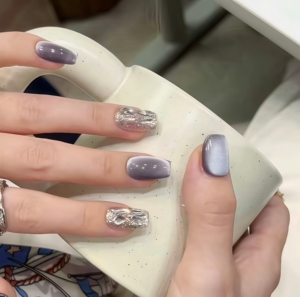 <span class=keywords><strong>Ongles</strong></span> à presser en acrylique dégradé pleine couverture, style français, motif ciel étoilé violet, incrustés à la main, avec <span class=keywords><strong>colle</strong></span> pour doigts - Product Image 2