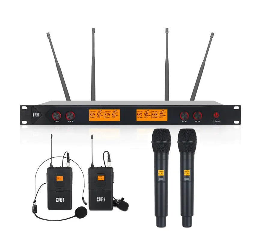 A400 Sistema de micrófono inalámbrico de alta calidad Micrófono UHF 4 canales Dinámico Profesional 2 Handheld2 Bodypacks Mic