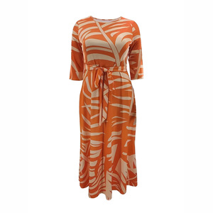 Abito Lungo da Donna Casual con Stampa, Cintura, Maniche a Tre Quarti, Vestibilità Ampia, Elasticizzato in Quattro Direzioni, Stile Giovanile - Product Image 1