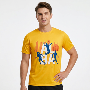 Camiseta Amarilla de Manga Corta para Hombre con Estampado de Baloncesto, Cuello Redondo, Corte Regular, Informal, de Algodón con Diseño Estampado - Product Image 1