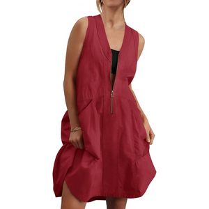 Robe d'été décontractée pour femme, sans manches, col en V, coupe ample, demi-zip, avec poches, en tissu tissé respirant - Product Image 1