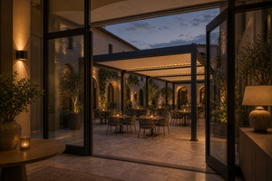 Pergola haut de gamme RKOVE RK-S3 en aluminium, toit rétractable robuste et résistant aux intempéries avec éclairage LED d'ambiance et écran d'intimité - Product Image 3