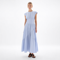 Nouvelle Robe Midi Femme Bleu Clair à Col Rond Manches Courtes Taille Smockée Plissée Asymétrique à Volants Personnalisée Vente en Gros