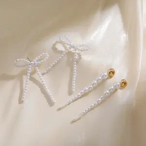 2023 Spring handmade Women Girls European American ins french vintage bow pearl earrings Long Pearls Earring