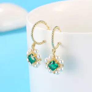 RINNTIN SE301 优雅印度珠宝 925 纯银绿色立方氧化锆和女性珍珠耳环 2020