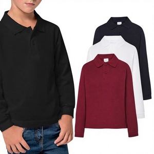 Polo à manches longues pour garçons, couleur unie, jersey, tenue décontractée, noir, blanc, marine, rouge, logo brodé, prix bas, uniforme scolaire - Product Image 1