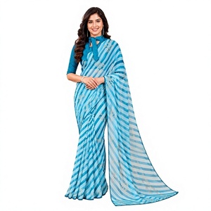 Luxury Sky Blue Georgette <b>Saree</b> For Women Striped Print Bollywood Style Sarees With Unstitched <b>Blouse</b> Piece Indian Festive Party - Product Image 1