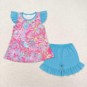 Colección de Verano Boutique para Niños, Conjuntos Combinados para Hermanos con Estampado Costero en Rosa y Azul - Product Image 4