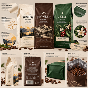 Sac à café personnalisé imprimé à fond plat avec valve <span class=keywords><strong>de</strong></span> dégazage unidirectionnelle et fermeture éclair, 250g 500g 1kg, sac d'emballage alimentaire pour café - Product Image 2