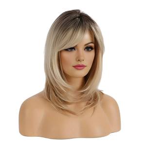 Perruque en soie domestique à <span class=keywords><strong>cheveux</strong></span> raides <span class=keywords><strong>mi</strong></span>-longs, <span class=keywords><strong>frange</strong></span> en huit, dorée, vente chaude transfrontalière européenne et américaine - Product Image 5