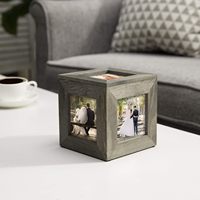 Mini cube photo en bois massif gris vintage de 5 pouces et boîte-cadeau souvenir caché, centre de table décoratif en bois