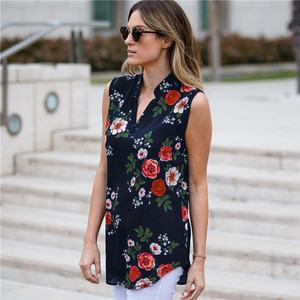 Blus Wanita Musim Panas Terbaik 2023, Kerah V, Bahan Chiffon, Tanpa Lengan, Motif Bunga - Product Image 3