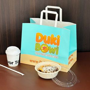 ถุงกระดาษคราฟท์แบบใช้แล้วทิ้ง รีไซเคิลได้ ย่อยสลายได้ มีหูหิ้ว สำหรับร้านอาหาร บรรจุภัณฑ์อาหารแบบนำกลับบ้าน โปเกโบวล์ - Product Image 4