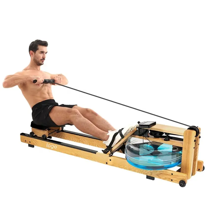 Wellshow Thể Thao Thương Mại Nước Rower Kháng Cardio Máy Nước Chèo Thuyền Máy Đôi Theo Dõi Khung Gỗ Bằng Gỗ Unisex