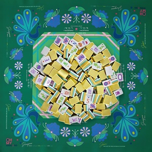 Ensemble de Mahjong américain gravé à 4 couches, en chiffon de citron épais de 1-1/4 po avec tapis Peacock Garden - Product Image 1