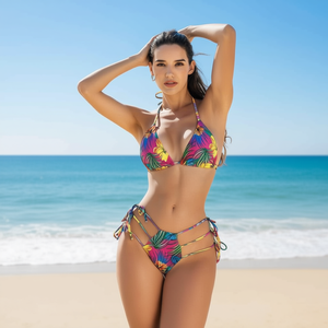 Set bikini HDJ con stampa tropicale, spalline regolabili, allacciatura incrociata sul collo, laccetti laterali, costume da bagno da donna, taglia 42 44 46 48 - Product Image 5