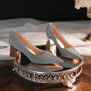 6555J <b>Glitter</b> Pumps Pointed Toe <b>Block</b> <b>Heel</b> High 5cm 8cm Bridal Shoes Comfort Crystal Decoration Wedding Daily Wear - Product Image 1