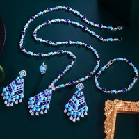 Ensemble de bijoux de mariée 4 pièces style Moyen-Orient avec collier long en zircon et turquoise bleue, boucles d'oreilles, accessoires pour robe de soirée de mariage pour femmes