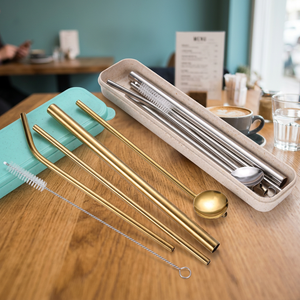 Reusable <b>Metal</b> Drinking <b>Straws</b> Set 5Pcs Minimalist Bar Accessories Gold Tone with Spoon and Cleaning Brush - Product Image 5