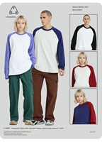 Kaos Raglan Lengan Panjang Pria 235G Katun Murni Warna-Blok Unisex Gaya Amerika Fit Longgar Patchwork