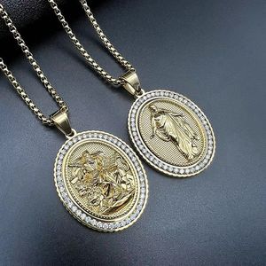 Collier pendentif religieux Hip Hop Yunnique en acier inoxydable plaqué or avec zircon, breloque ovale Jésus Saint, chaîne, cadeau, bijoux - Product Image 1