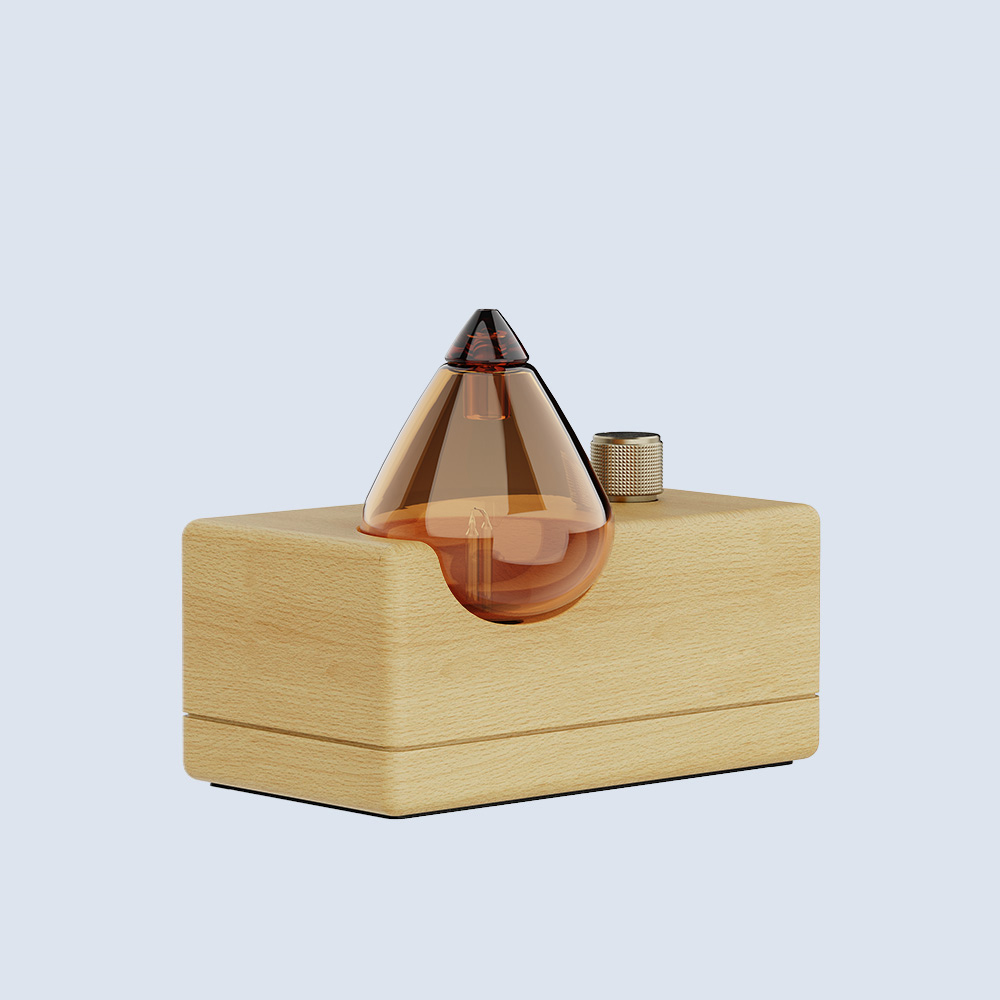 madera burly + vidrio ámbar