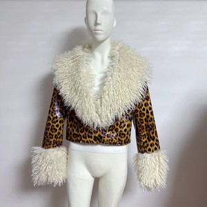 RX Fourrures Moelleux PU Survêtement Femmes Recadrée Imitation Mongole Col De <span class=keywords><strong>Fourrure</strong></span> D'agneau et Poignets Faux Faux Cuir <span class=keywords><strong>Veste</strong></span> Polaire Manteau - Product Image 5