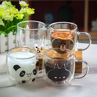 Vente en gros de tasses à café en verre à double paroi, originales, mignonnes, à motifs d'animaux de dessin animé, isolées thermiquement