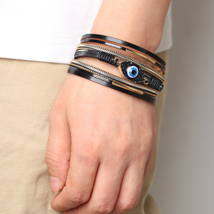 Evil Eye Rhinestone Leather Bracelet Women's Fashion Charm Jewelry Brown Beige <b>Pink</b> Gift Bracelet - Product Image 2