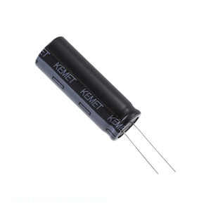 Condensador radial de aluminio de 100 uF, 20%, 450 V, con orificio pasante, modelo ESU107M450AN9AA, del fabricante Channel. - Product Image 1