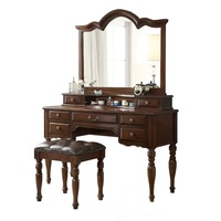 Coiffeuse vintage de style américain avec miroir éclairé sculpté, entièrement en bois massif, style campagnard européen pour chambre à coucher