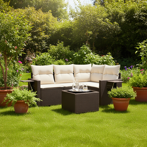 Conjunto de Sofás de Jardín Color Crema Marrón, Muebles de Ratán para Exteriores con Cojines de Espuma de Alta Densidad, Diseño Contemporáneo Impermeable - Product Image 2