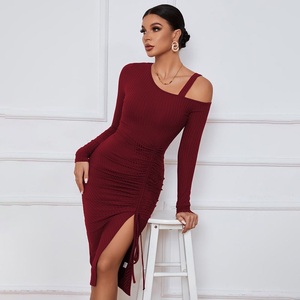 Abito <span class=keywords><strong>donna</strong></span> tinta unita autunno e inverno gonna al ginocchio con spalla aperta alla moda tessuto crêpe cintura naturale - Product Image 5