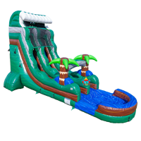 Toboggan aquatique gonflable Jungle Tropicale Palmier avec toit ondulé texture bois vert pour location de fête estivale