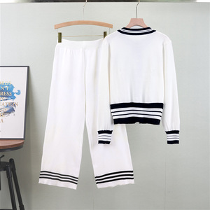 Women's Knitted Sweater Set <b>Black</b> White Striped Long Sleeve <b>Cardigan</b> Pants 2024 Autumn Winter Casual Wear - Product Image 3