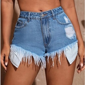 Shorts de mezclilla OEM de cintura alta para mujer, estilo casual recto con botones y cremallera, rasgados, sexys, de gran venta para el verano - Product Image 2