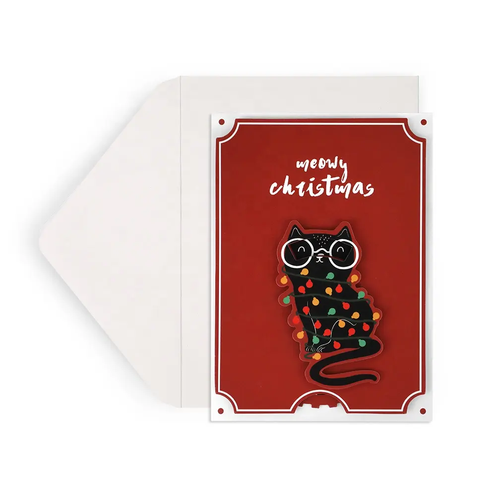Nieuwe Creativiteit Grappig Gekleurd Lantaarn Kat Custom Printing Kerst Wenskaarten Met Envelop Fabrikant