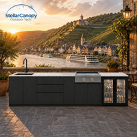 Îlot de cuisine extérieur modulaire moderne de luxe en acier inoxydable avec panneau laqué, barbecue Teppanyaki, armoire et évier intégrés pour appartement et centre commercial