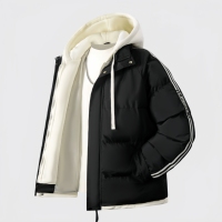Blouson matelassé à capuche color block pour homme, bleu clair et blanc, manteau d'hiver chaud avec détails rayés sur les manches