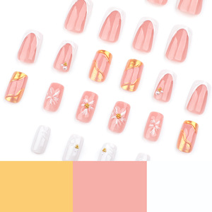 <span class=keywords><strong>Uñas</strong></span> Postizas de Lujo con Flores en Relieve 3D y Lámina Dorada, Forma Ataúd Mediana, Punta Francesa Rosa, Detalles de Perlas, Hechas a Mano, Reutilizables, Acrílicas - Product Image 3
