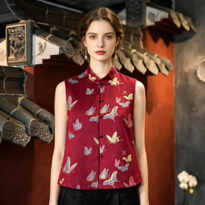 Vêtement féminin original, Gilet en brocart de soie de mûrier rouge ample à col montant et coupe irrégulière, motif papillon féerique, pour banquet, 5778 - Product Image 1